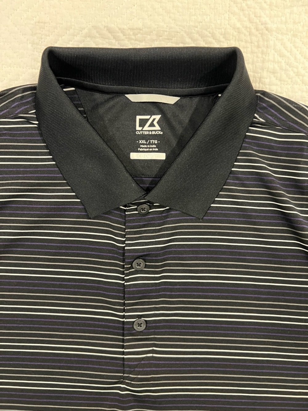Cutter & Buck Black Polo with Gray and Purple Stripes
